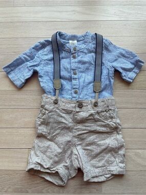 H&M linen shirt and shorts with suspenders
